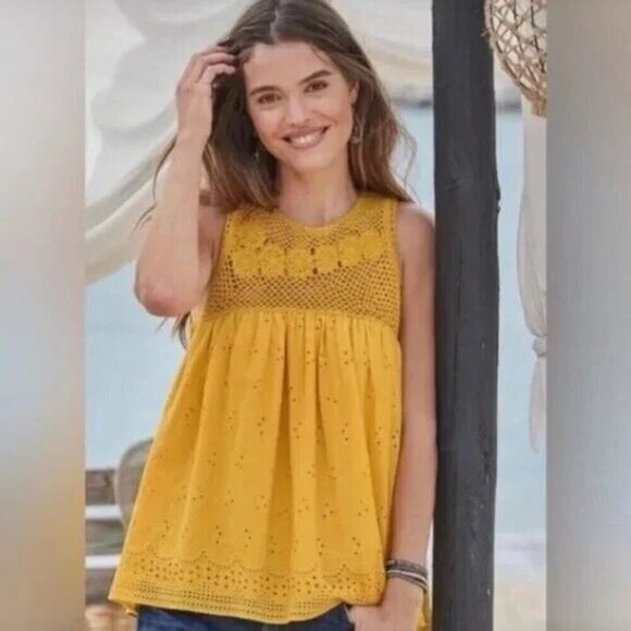 Sundance Marbella Floral Crocheted Eyelet Baby Doll Boho Tank Top in Yellow XS - Picture 1 of 11